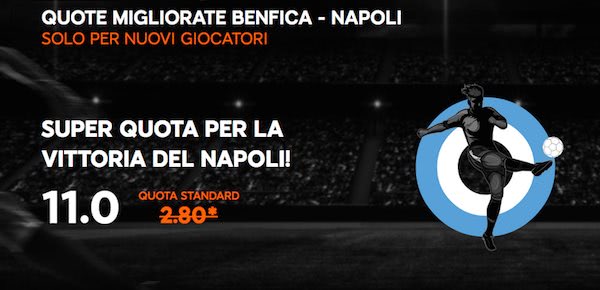 Promozione 888sport con quote maggiorate per la partita Benfica vs. Napoli del 06/12/2016