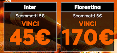 Scommetti Inter Fiorentina su 888sport con una vincita fino a 170 Euro