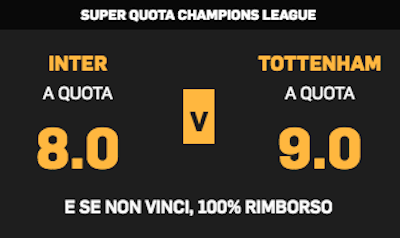 Scommetti Inter Tottenham su BetFair con ottime quote e rimborso del 100%